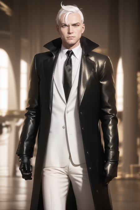 (With_no_beard:1.3),
 standing in front of a golden sculpture in a room with columns and columns,
Standing at attention,
(black_coat:1.3),White_suit,White_jacket,Black_shirt,
<lora:Agent47_hitman-KK77-V1:0.5>,Red_tie, blue_eyes,(CyberPunk_Sliver_hair:1.4),
1 old_Man, 50yo,male,looking at viewer,(angry:1.0),
NSFW,official art,extremely detailed CG unity 8k wallpaper, perfect lighting,Colorful, Bright_Front_face_Lighting,
(masterpiece:1.0),(best_quality:1.0), ultra high res,4K,ultra-detailed,
photography, 8K, HDR, highres, absurdres:1.2, Kodak portra 400, film grain, blurry background, bokeh:1.2, lens flare, (vibrant_color:1.2)