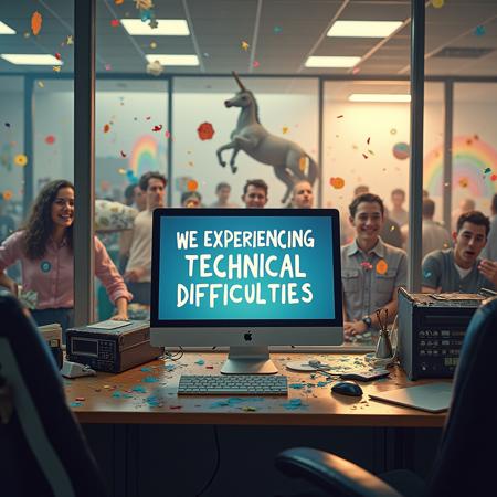 an office, a computer monitor that says "We're experiencing technical difficulties", chaos in the background, mayhem, insanity, discord, rainbows, paint, cubicles, stuntmen, wild animals, debris, unicorn