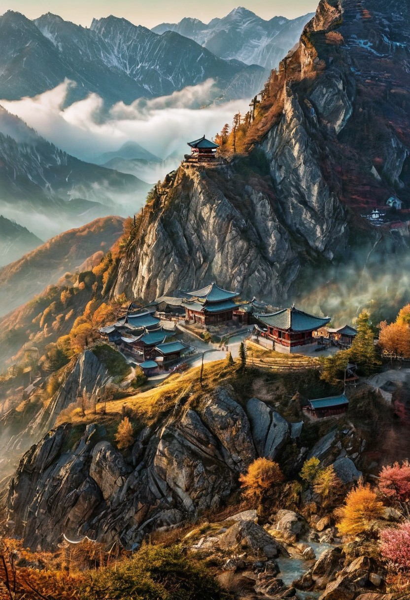 their peaks veiled in mist. mixed media, surrealism, great lighting, A surreal landscape highly detailed . extremely high-resolution details,  appears trapped in an optical illusion of reflections and refractions colorful , mountains and Korean village in Korea, professional photography, natural lighting, volumetric lighting maximalist. intricately detailed, complex, elegant, expansive, fantastical, film photography style,  medium grain