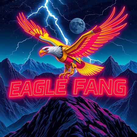 A robotic eagle flying over a mountain-top. red and yellow stripes. fanged beak.
Background mountains at night. Cosmic skyscape.  Synthwave colorscheme. Very realistic, fantasy illustration.
with the words "EAGLE FANG" emblazoned in 3D, intricate, lightning patterns, with a predominantly neon colors,