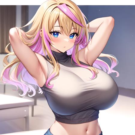 fuyuki(galyome) blonde hair, long hair, blue eyes, streaked hair, pink hair, large breasts