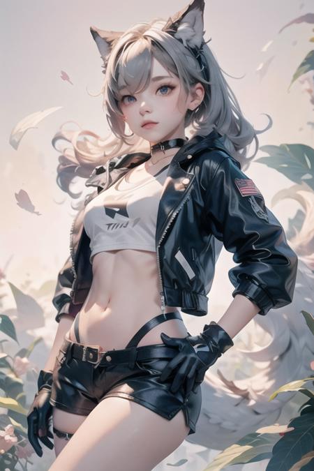 <lora:Crysdream1.5v1-000002:1><lora:silver_wolf-ani1.5v1:0.5> silver wolf, 1girl, solo, crop top, navel, shorts, stomach, looking at viewer, jacket, choker, black jacket, black shorts, gloves, shirt,