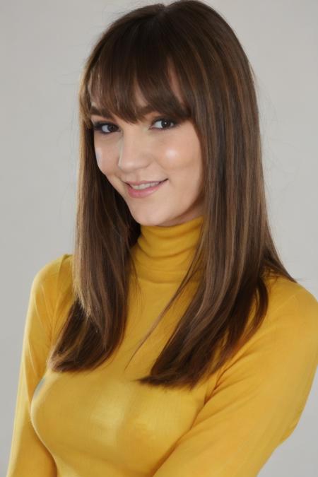 Photo of h0llym1ch43l5 woman, detailed face, yellow turtleneck blouse, slight smile