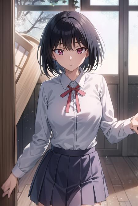 yakumotsukamoto, <lora:yakumo tsukamoto s2-lora-nochekaiser:1>,
yakumo tsukamoto, short hair, black hair, (red eyes:1.3),
BREAK skirt, shirt, long sleeves, bow, ribbon, school uniform, white shirt, pleated skirt, collared shirt, bowtie, red ribbon, neck ribbon, red skirt,
BREAK indoors, classroom,
BREAK looking at viewer, (cowboy shot:1.5),
BREAK <lyco:GoodHands-beta2:1>, (masterpiece:1.2), best quality, high resolution, unity 8k wallpaper, (illustration:0.8), (beautiful detailed eyes:1.6), extremely detailed face, perfect lighting, extremely detailed CG, (perfect hands, perfect anatomy),