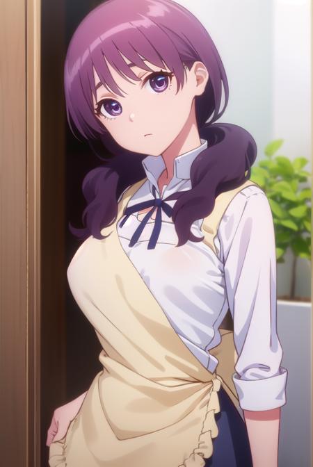 shiho kamakura, long hair, twintails, purple hair, (purple eyes:1.1), apron, waitress,