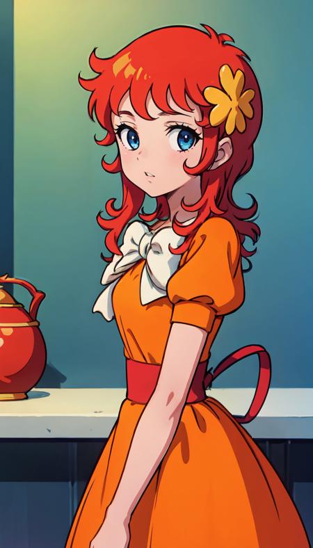 (straight-on:1.1),upper body,BREAK
ANIME_kanzaki_megu_ownwaifu,www.ownwaifu.com,
long hair,red hair,flower,hair flower,breasts,aqua eyes, 
hair ornament, dress,skirt,orange dress,orange skirt,bow,jewelry,orange shirt,puffy sleeves,puffy short sleeves,short sleeves,red ribbon, white bow, short dress, 
(retro artstyle,1970s_(style)),  
<lora:ANIME_kanzaki_megu_ownwaifu:0.6>, BREAK, 1girl, solo, looking at viewer, upper body, official art, highres, scenery, (masterpiece:1.1), (best quality,:1.1), (high quality:1.1), (anime screencap:1.2),