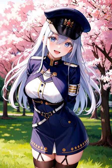 aalena, long hair, military hat, blue headwear, hair between eyes, medium breasts, military uniform, white shirt, blue jacket, armband, long sleeves, white belt, blue skirt, garter straps, white thighhighs