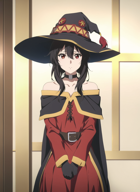 violet evergarden <lora:violet_evergarden_offset:1>, masterpiece, best quality, megumin, 1girl, bare shoulders, black cape, black gloves, black hair, cape, choker, collarbone, dress, hair between eyes, hat, long sleeves, looking at viewer, medium hair, off-shoulder dress, off shoulder, red dress, red eyes, sidelocks, solo, witch hat, indoors,