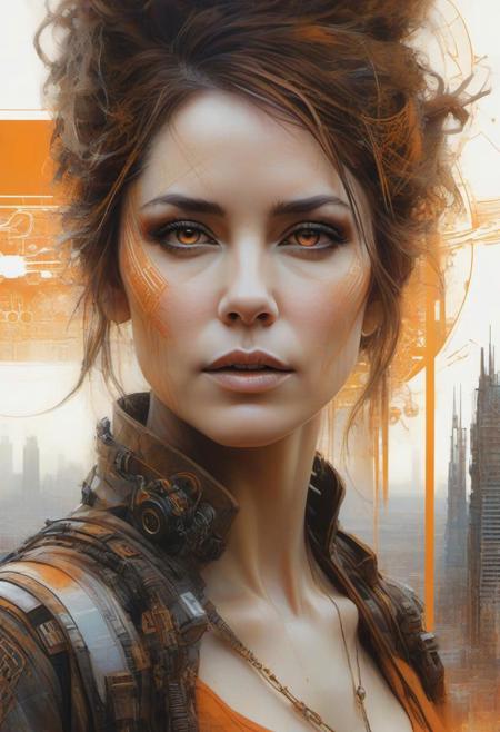 Steampunk Woman 40 years old with fine hightech skin details, detailed face, sf, intricate artwork masterpiece, orange and white pastel ratio, background is apocalyptic city on golden hour, ominous, matte painting movie poster, by Carne Griffiths