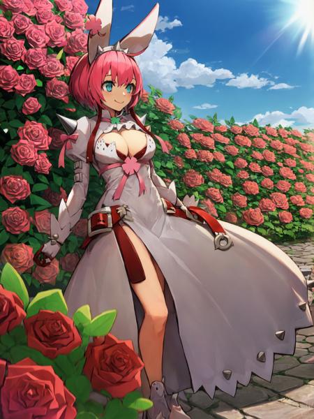 SLE, mksks style, detailed background solo, 1girl, elphelt valentine, blue eyes, pink hair, ahoge, short hair, rabbit ears, cleavage, bridal veil, spiked hairband, juliet sleeves, red gloves, clover, shoulder spikes, red belt, standing, looking away, smile, full body, garden, roses, flowers, trees, sunlight, blue sky, sunlight, outdoors