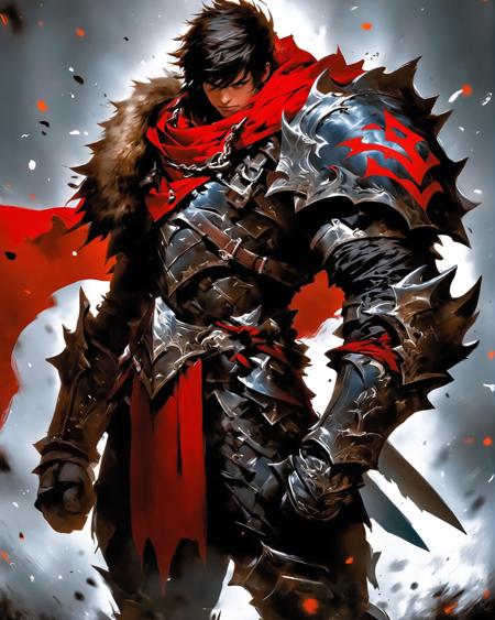 weapon, armor, sword, solo, 1boy, gauntlets, male focus, helmet, holding sword, cape, holding weapon, holding, planted, glowing, full armor, greaves, black armor, shoulder armor, torn clothes, standing, fur trim, red cape, glowing weapon, breastplate, planted sword