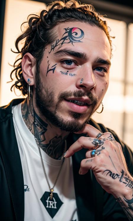 1man, face tattoo, grills, braces, short curly hair, detailed skin, writing on face, photorealistic, skin pore, 5 fingers, 5 toes, 8k, uhd, masterpiece, upper body, rapper, postym, Post Malone, beard, blue eyes, stage,