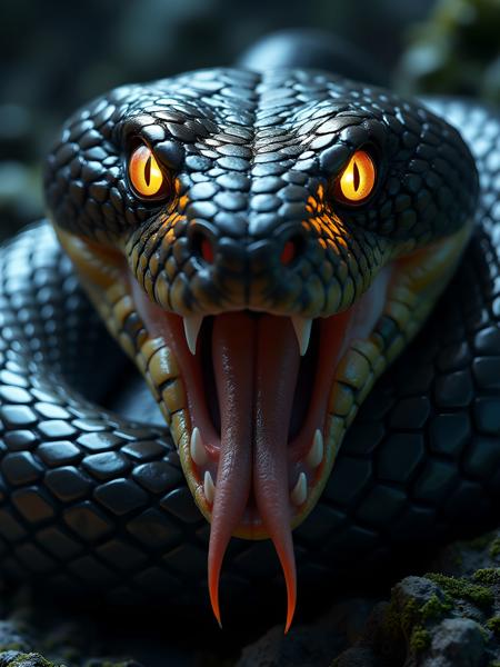 A masterpiece of a monstrous snake set in a dark, eerie night. The creature's glowing, piercing eyes lock onto the viewer with an intense, otherworldly gaze. Its forked tongue flickers, dripping with saliva, while sharp fangs and jagged teeth glisten ominously in the dim light. The snake's shiny, scaly body reflects faint hints of light, enhancing its menacing presence. The overall atmosphere is dark and mysterious, with intricate textures and reflections adding depth to the scene. The composition captures the snake’s terrifying elegance, emphasizing its predatory nature in a high-quality, awe-inspiring visual style. aidmaimageupgrader, aidmaMJ6.1m, detailmaximizer, mythp0rt, ne0nfant4sy, drkfnts <lora:aidmaImageUpgrader-FLUX-V0.2:0.9> <lora:aidmaMJ6.1_aidmaMJ6.1-FLUX-v0.4:0.9>