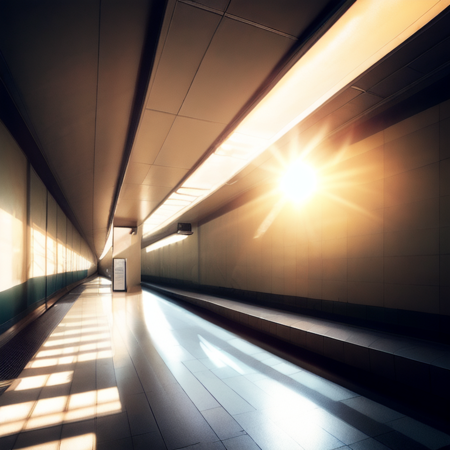 photo, empty subway station with the sun shining through the windows (ModernCity style:1) <lora:djzModernCityV21:1>