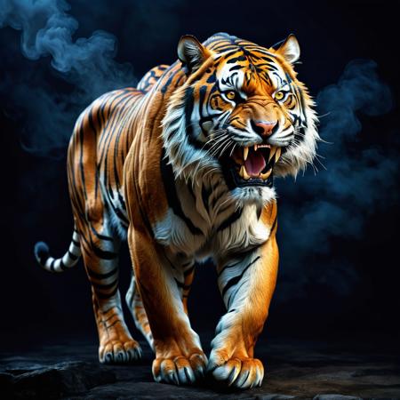 Ultra realistic full body color pencil drawn portrait of  
Sabre-toothed tiger.
BREAK
Deep dark intense midnight blue misty background,
Dark theme, dynamic lighting, (soft shadows), (soft focus),  (photo realistic), uhd, 8k
