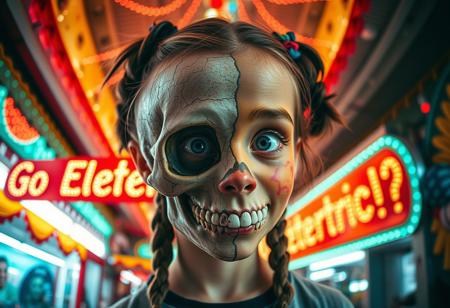“A whimsical and surreal portrait of a girl with a distorted, comical face, featuring one eye larger than the other, vibrant face paint, and two playful braids in her hair. Half of her face is a real, bones skull, with detailed, decayed bone structure, exposing cracked and aged bones, and the skull appears lifelike yet worn with time. The other half is covered in exaggerated, colorful face paint. The skull gives off a gritty, almost macabre vibe, blending with the lively and hype atmosphere of the carnival. Captured using a 12mm fisheye cinematic prime lens for an exaggerated perspective. The setting is a lively carnival with neon lights, whimsical decorations, and a dreamy yet unsettling atmosphere. A rotten, old light banner in the background displays the text: ‘Go Elettric!?’ in flickering, uneven letters. The colors and contrasts are enhanced for a surreal effect, combining playful and eerie styles, with a mix of humor and dark visual artistry.”