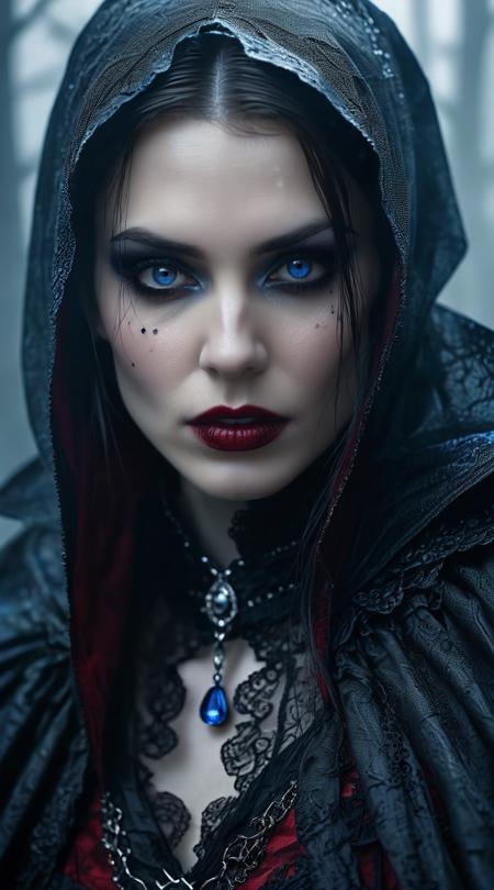 Gothic vampire, hacking into a secure network, Overcast sky diffusion, dense fog with low visibility, luxurious sapphire brilliance, isolated subject spotlight, hyper close-up on texture, gothic somber aesthetics, sticky gum adhesive, color splash emphasis, depth layers stacking, explosive pyrotechnics.