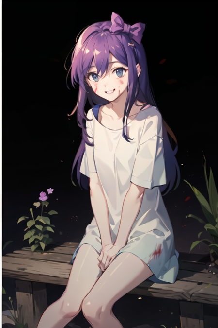 masterpiece, best quality, aubreyheadspace, 1girl, shirt, short sleeves, hair bow, cowboy shot, (detailed background:1.2), (cinematic), (high quality cg:1.2), sitting, looking at viewer, innocent, smile, blood on face, blood on clothes, arms at sides, long hair <lora:aubreyheadspacev6:1>