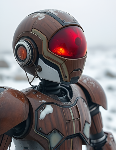 A robot made of smooth brown wood, with glowing red visor. Lost in snowy wasteland.