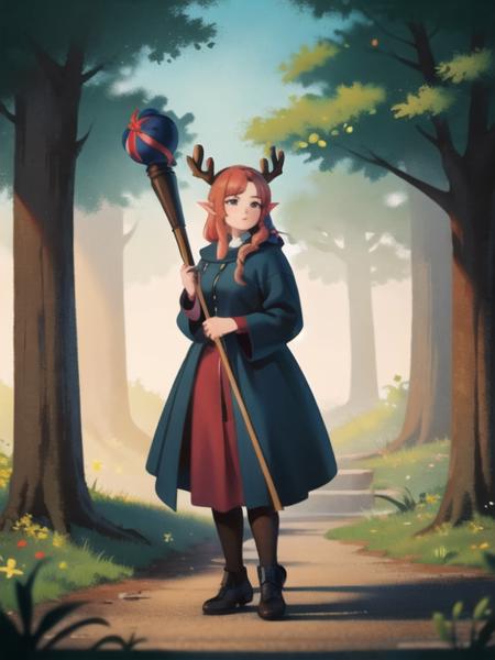 (best quality, masterpiece, illustration:1.1), woman in a forest holding a staff, kingdom of elves, young woman with antlers, on forest path, <lora:NoiseFormBeta:0.9>,