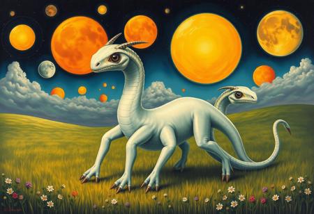 two-headed snake-alien creature with three legs, each with one central eye, hoofs, round body white skin, meadow background, multiple multi-colored suns and moons of various sizes, in the style of a fantasy painting