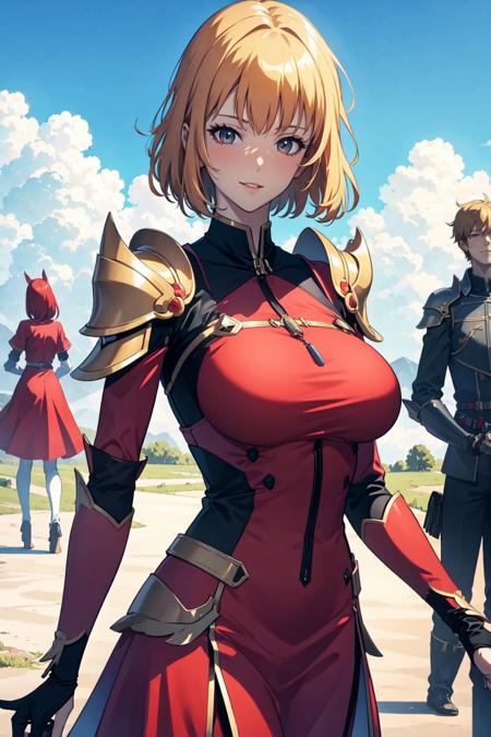 chae, 1girl, solo, looking at viewer, full, red dress, red costume, short hair, blonde hair, black eyes, upper body, parted lips, sky, artist name, armor, blue sky, shoulder armor, epaulettes, masterpiece, anime, realistic, high quality, magic, smile, blush, mature woman, big breast, slim, <lora:chae:1>, tight dress,