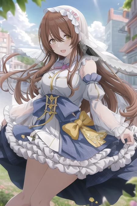 tenka osaki, medium breasts, 1girl, long hair, brown hair, yellow eyes, braid, solo, long hair, brown hair, smile, sky, looking at viewer, frills, yellow eyes, outdoors, open mouth, dress, bloomers, bangs, cloud, single braid, bow, veil, blue sky, flower, breasts, leaning forward, ribbon, hair between eyes, see-through, detached sleeves

 <lora:shiny-sd1-v1:1>