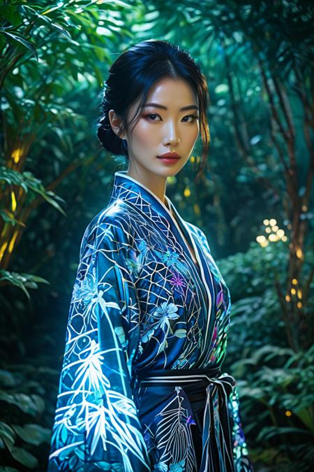 (HD, masterpiece, best quality, hyper detailed, ultra detailed, super realistic),Description: A striking portrait of a stunning Japanese woman standing confidently in a lush futuristic garden. Her expression conveys strength and grace, symbolizing the balance between tradition and innovation.  Attire: She wears a high-tech matte kimono that features intricate patterns and vibrant neon accents, merging traditional Japanese aesthetics with sci-fi elements. The kimono is adorned with metallic textures that catch the light, while illuminated details run along the seams, creating a captivating display.  Background: The garden is a vibrant paradise filled with glowing flora that pulsates with neon colors, alongside holographic ornaments, cascading water features, and strikingly designed plant life. The blend of nature and technology creates an immersive backdrop that feels both otherworldly and enchanting.  Lighting: The scene is illuminated by soft ambient lights that enhance the ethereal quality of the garden, casting colorful glows across her figure and the surroundings. The lighting accentuates the intricate details of her kimono while harmonizing with the gardenâs futuristic aesthetic.  Photography Details: Captured in high definition (4K, 8K, high-res, masterpiece: 1.2), the image is exceptionally detailed and photorealistic. The composition employs sharp focus to showcase the textures in her attire and the surrounding flora, with a rich color palette enhanced by a bokeh effect that blurs the background slightly, focusing attention on her., SDXL Perfect_Eyes, SDXL super_beauty_face SDXL Lightning, SDXL.lyco neg4all_bdsqlsz_xl_V91, SDXL.lyco EnvyDramaticLightingXL02_photo<lora:SDXL Perfect_Eyes.safetensors:0.5:0.5> <lora:SDXL super_beauty_face SDXL Lightning.safetensors:0.7000000000000001:0.7000000000000001> <lora:SDXL.lyco neg4all_bdsqlsz_xl_V91.safetensors:0.7000000000000001:0.7000000000000001> <lora:SDXL.lyco EnvyDramaticLightingXL02_photo.safetensors:0.7000000000000001:0.7000000000000001>