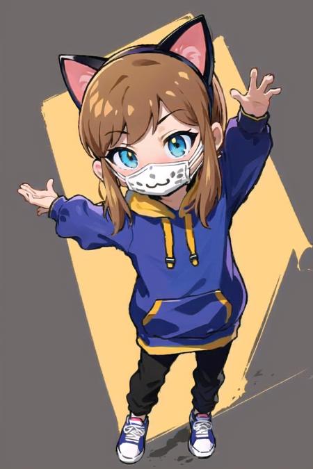 solo, 1girl, hknya, purple hoodie, yellow sleeves, black pants, cat ears, sneakers, face mask, simple background