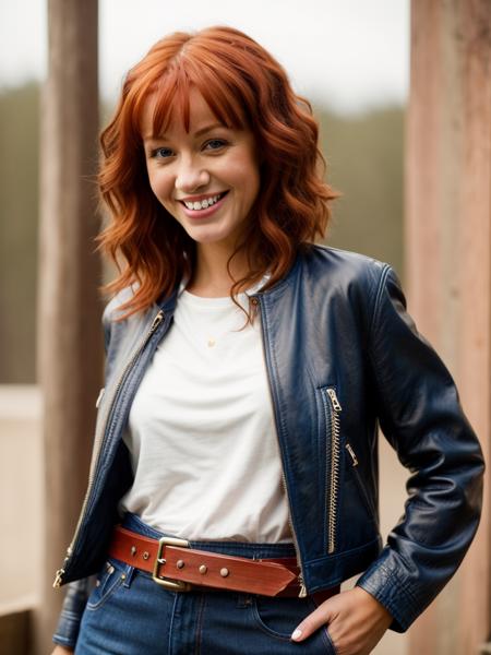 Realistic photo of a beautiful l1ndyb woman, 1girl, solo, long hair, looking at viewer, smile, blue eyes, red hair, shirt, jacket, teeth, belt, pants, grin, crossed arms, denim, curly hair, jeans, realistic, leather, leather jacket, soft lighting, professional Photography, Photorealistic, detailed, RAW, analog, sharp focus, 8k, HD, DSLR, high quality, Fujifilm XT3, film grain, award winning, masterpiece<lora:l1ndyb:1.0>