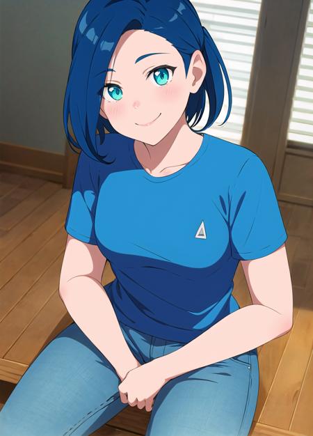 best quality, 1girl, sitting, solo, cyan eyes, dark blue hair, blue shirt, jeans, smile, indoors, fine background, (cel shading), sharp detail, incredibly absurdres, <lora:GoodHands-vanilla:1>, <lora:EufoniuzV1:0.8>