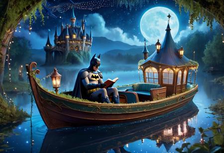 Pixar style, very small sad floating Batman, melancholic expression, reading, floating alone in an abandoned amusement park boat, night time setting, starry sky, glowing moon, soft natural lighting, whimsical atmosphere, ethereal glow, ultra-quality, fine details, enchanting scene, magical elements, eerie yet peaceful setting, intricate details of rusted rides, overgrown vegetation, broken attractions, glowing remnants of fairy lights, mystical fog, realistic textures, quiet and haunting, harmonious composition, gentle light beams, mystical ambiance, solitude and serenity, tiny and enchanting, miniature scene,  <lora:more_details:1>