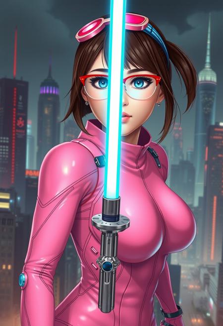 Ultra-realistic,masterpiece,Ultra Sharp,(best quality:1.2),1Girl,(beautiful face:1.1),a japanese girl,glasses, semi-rimless eyewear, red-framed eyewear, blue hairband, brown hair, blue eyes,large breast, in a pink futuristic bodysuit,skin tight,cameltoe, with a laser sword, sword in her hand and a city in the background with skyscrapers, war zone,blushing | (orgasm),looking at viewer, Artgerm, stanley artgerm lau, cyberpunk art, remodernism