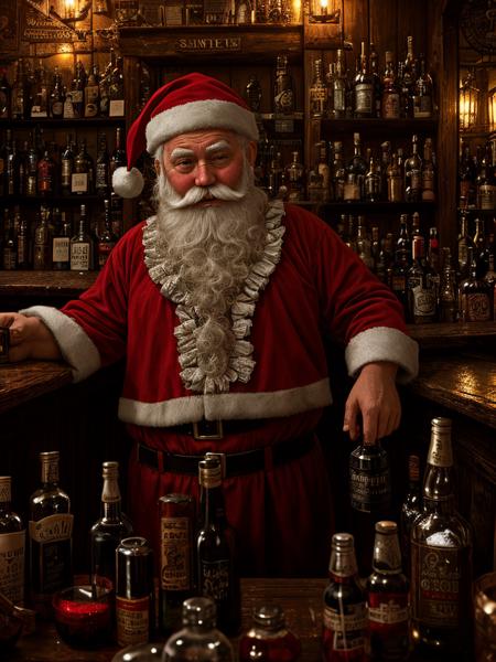 drunk, creepy santa, muddy, crowded bottles bar, intricate details, hdr, intricate details, hyperdetailed, cinematic, dark shot, muted colors, film grainy, soothing tones, muted colors, technicolor