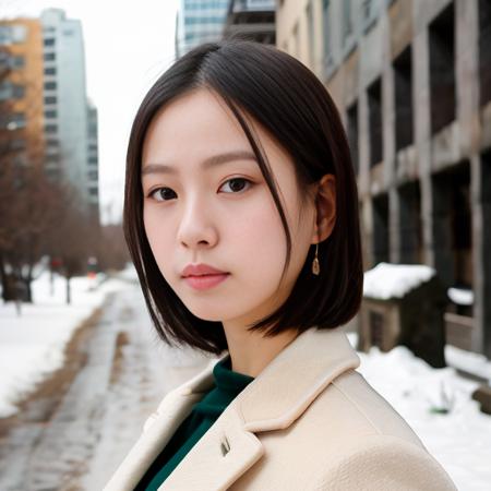 RAW photo, a close up portrait photo of <lora:Gominsi:1> in winter clothes,  pale skin, slim body, background is city ruins, (high detailed skin:1.2), 8k uhd, dslr, soft lighting, high quality, film grain, Fujifilm XT3