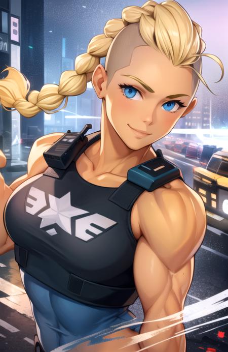 1girl, solo, detailed face, braid, policewoman, looking at viewer, smile, muscular female, cartoon, (realistic)