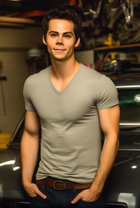 Dylan O'Brien a man <lora:Dylan-O-Brien:0.8>, in a garage ((masterpiece)), ((best quality:1.2)), high resolution, 8k, (ultra_realistic:1.3), (photorealistic:1.4), (absurdres), sharp focus, highly detailed, professional lighting, photography, hdr, depth of field, film grain, 35mm, dslr shot, global illumination,