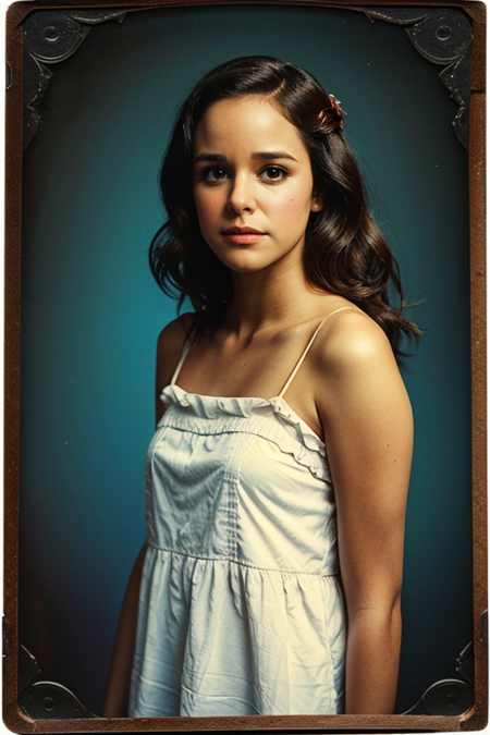 MelissaFumero-100 , ((1900s photograph, Gibson tuck, soft blush wearing cotton chemise with square neckline, ruffled cuffs, and delicate lace trim, antique setting)), Century Camera Co. Studio, 160mm f/8, 1/10s, ISO 25, ((tintype))