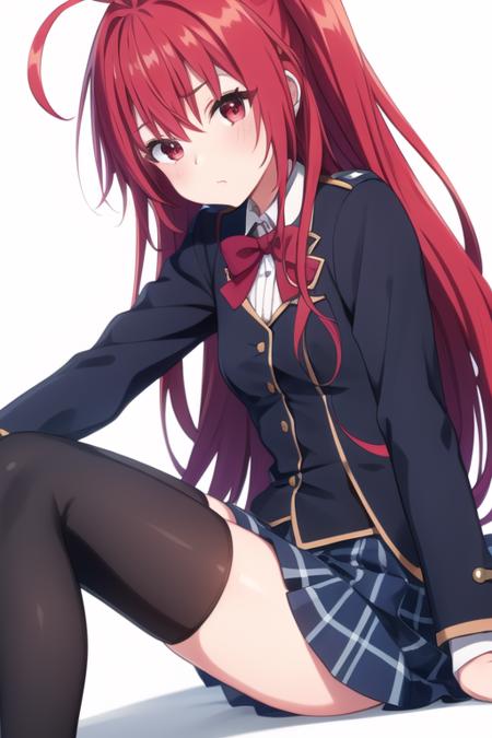 masterpiece, best quality,1girl, solo,saionji sarasa,red hair,very long hair,ahoge,[[[side ponytail]]],red eyes,school uniform,jacket,blue plaid skirt, black thighhighs,<lora:saionji:0.6>,sitting, looking at viewer, white background, simple background, 