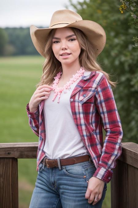 DEN_alisya_soa,
country beauty posing against a wooden fence with a plaid shirt and jeans and a cowboy hat, cow girl, country girl, cow girl,
bokeh, f1.4, 40mm, photorealistic, raw, 8k, textured skin, skin pores, intricate details  <lora:epi_noiseoffset2:1>, epiCRealism, <lora:ClothingAdjuster3:-0.8>