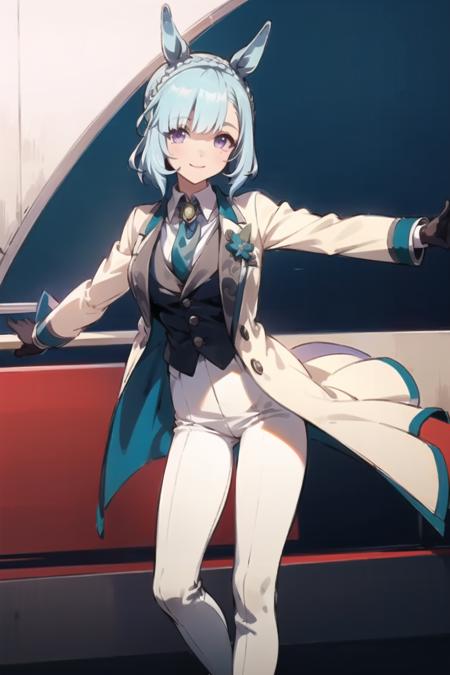 best quality,masterpiece, high res,original, beautiful detailed eyes,ultra-detailed, mejiro ardan \(dance\), smile, gloves, black gloves, long sleeves, looking at viewer, brooch, jacket, white jacket, vest coat, shirt, collared shirt, jewelry, pants, white pants, necktie, boots, thigh boots, official alternate costume, <lora:mejiroardanlove:1>