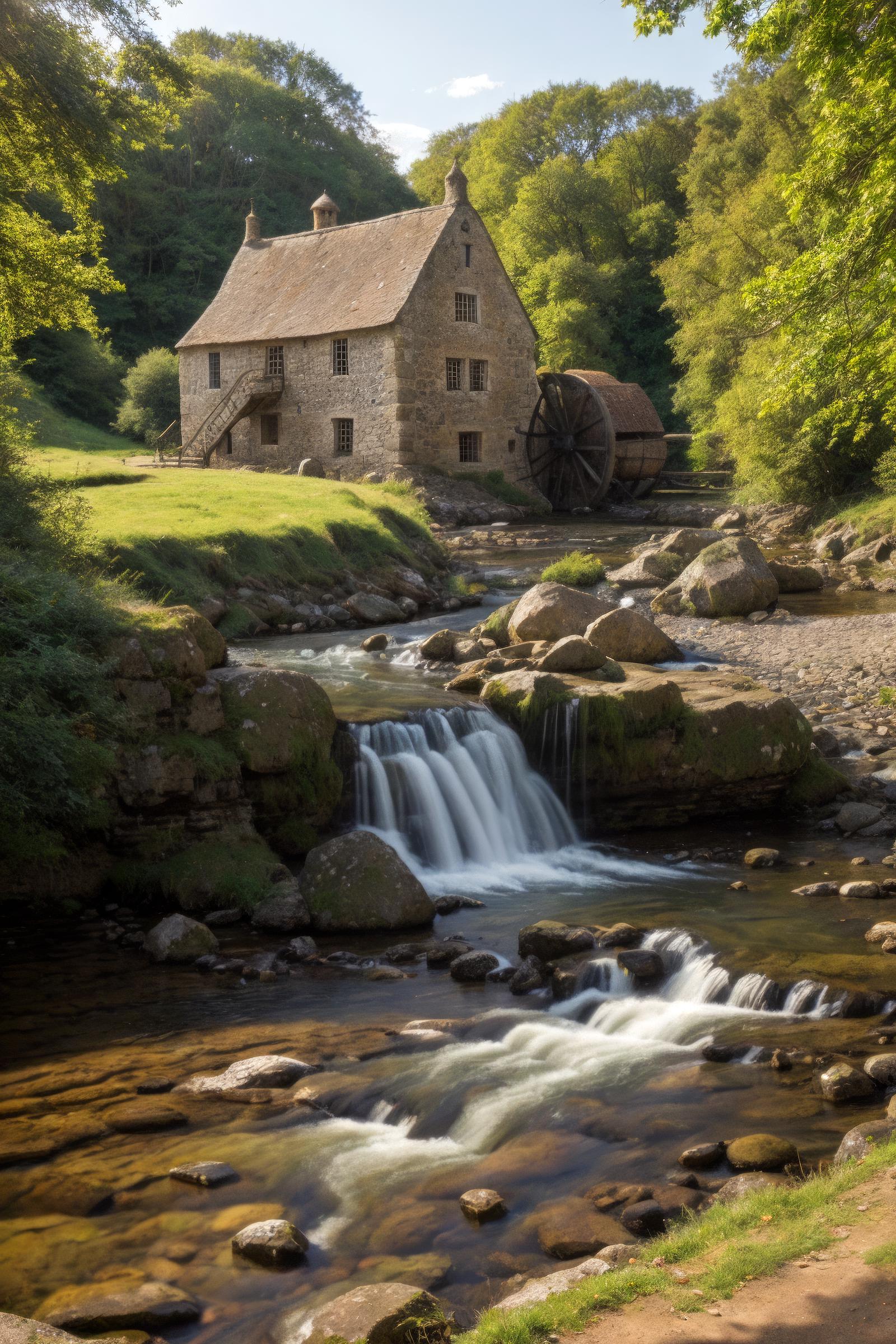 A waterfall with a stone house in the background.
