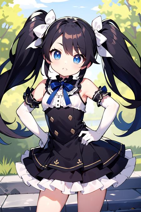 masterpiece, best quality, long hair, twintails, black hair, blue eyes, frilled dress, elbow gloves, outdoors, hand on hip,