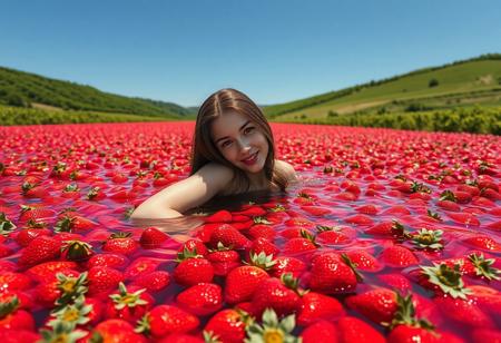 A surreal lake entirely covered with ripe, juicy strawberries, forming a vibrant red surface that glistens under the warm sunlight. In the center of this sea of strawberries, a nude attractive girl with beautiful face and beautiful big blue eyes, long dark red hair ending in dark blue tips, drill hair style, swimming  gracefully. Her collarbone glistens as she rests her head on her arm, her upper body submerged in the crystal-clear water, creating soft ripples among the strawberries. Her playful expression and relaxed posture reflect the joy of the moment. Around the lake, lush green hills and strawberry bushes stretch into the distance, with the sweet scent of strawberries filling the air. The sky above is a perfect blue, completing this dreamy, whimsical scene