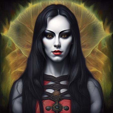 a portrait of a young woman wearing a black sweater, pale skin, wavy long black hair, art by newhorrorfantasy_style