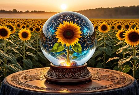 CosmicStyle, (masterpiece, best quality, highres:1.2), (photorealistic:1.2), (intricate and beautiful:1.2), (detailed light:1.2), (colorful, dynamic angle),
A hyper-realistic close-up of a crystal ball, resting on a weathered colorful pedestal, pedestal made out of batik fabrics, pedestal is carved with intricate runes, runes glowing faintly in amber, detailed,
BREAK inside the crystal ball, a floating sunflower, electricity appears to shock the flower from the edges of the crystal ball, with subtle flickers of light illuminating the swirling smoke patterns,
BREAK 1girl, mage, wearing an intricately detailed robe, v-neck robe  made out of batik fabrics, no bra, small breasts, holding hands over crystal ball, 
BREAK Background, Dramatic lighting, rolling fog, intense highlights, deep shadowy contrasts, creating a powerful, moody atmosphere, Hyperdetailed textures, glowing ember effects, intricate reflections, in a spooky field Made of Sunflowers, depth of field,
Style: Whimsical,
Color Palette: Warm, inviting colors; golden browns, 
Lighting: Soft and warm lighting to enhance the coziness
Aesthetic: Fun, charming, and delicious
