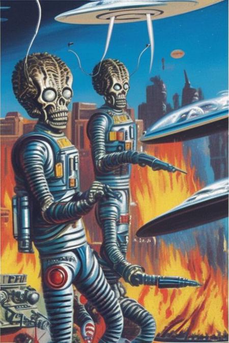 a painting of two aliens in space suits with ray guns in front of a fire with a building in the background in the style marsattacks