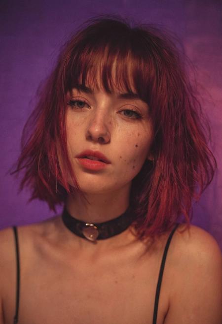 (moody vibe:1.6), (intense:1.8), Kodak Ektachrome film, (35mm f/1.8:1.8), depth of field, (Marcell Rév style:1.8), nude, solo, short-medium length hair, natural breasts, night time, blurred background, (petite:1.2), straight bangs, freckles, choker, 18 year old, hyperrealistic, (adorable face:1.5), (hair with red highlights:1.4), analog photo, warm photo, film grain, flirty, artistic, indirect lighting, bathed in purple light, (nasal piercing:1.6),( full body:1.3), full breasts,( mdma:1.6),( candid:1.4)