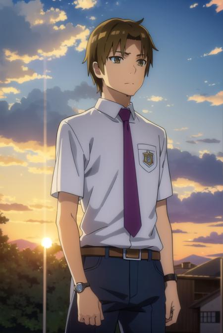 atsumumatsuyuki, <lora:atsumu matsuyuki s1-lora-nochekaiser:1>,
atsumu matsuyuki, brown hair, (brown eyes:1.3), male focus,
BREAK shirt, school uniform, white shirt, short sleeves, necktie, collared shirt, belt, pants, red necktie, watch, wristwatch,
BREAK outdoors, house, fields, grass, sky, sun, clouds,
BREAK looking at viewer, (cowboy shot:1.5),
BREAK <lyco:GoodHands-beta2:1>, (masterpiece:1.2), best quality, high resolution, unity 8k wallpaper, (illustration:0.8), (beautiful detailed eyes:1.6), extremely detailed face, perfect lighting, extremely detailed CG, (perfect hands, perfect anatomy),