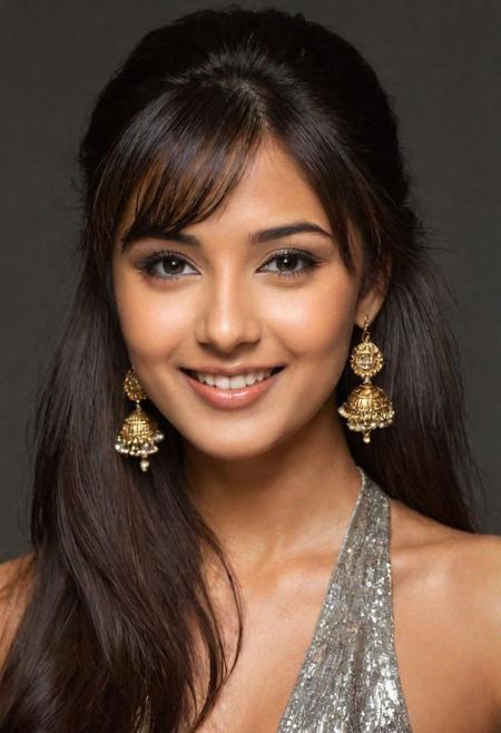 [Extreme long shot. Create a highly realistic wide angle photo of a young, slight smile, camera focused around 21 years old [Japanese:Russian:Indian:1.5:1:2] girl student. The image should be detailed, making it challenging to discern whether it's a real photograph or a digital creation. Achieve realism in her facial features, skin texture, and hair, and ensure the lighting contributes to the overall authentic appearance. Hair is long and silky, floating in air. partially visible silver round earrings. ((Dense Bangs hair style)). Dimple. Night at Diwali festival] rule of third, detailed, romantic, very inspirational, beautiful, elegant, lovely, cute, pretty, modern, epic composition, fabulous atmosphere, cinematic light, dynamic dramatic ambient, (sharp)